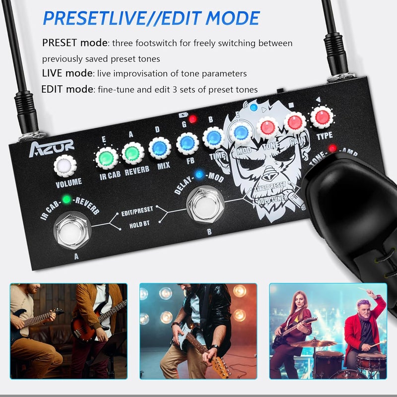 Azor Multi Effects Guitar Pedal with 3 Preset,8 IR Cab 9 AMP Models, Reverb Delay Overdrive, Distortion and Tuner for Electric Guitar, Rechargable Multi Effect Pedal - Image 2
